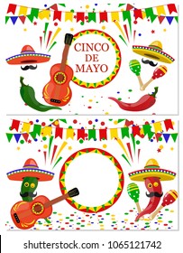 Cinco de Mayo. Two flyers, postcards. Maracas green and red, drum, guitar, red and green pepper with a mustache. Congratulatory inscription. Vector illustration