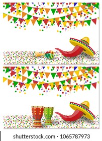 Cinco de Mayo. Two flyers, postcards. Maracas, drum green and red, flags, red pepper on vacation. Vector illustration