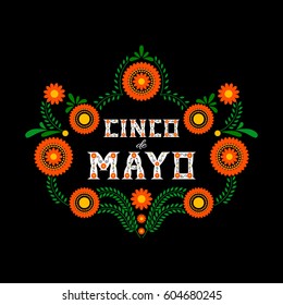 Cinco de Mayo Typografie Banner Vektorgrafik. Mexiko Design für Fiesta-Karten oder Party-Einladung und Poster. Blumen traditioneller mexikanischer Stickereirahmen mit Blumenbriefen auf schwarzem Hintergrund.