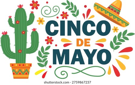 Cinco de Mayo Typography with Cactus Sombrero Mexican Fiesta Vector Design