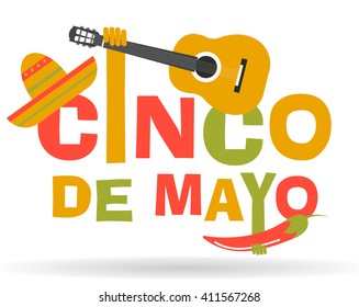 Cinco De Mayo typography with guitar, Mexican hat, pepper,  vector illustration. 