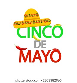 Tipografía Cinco de Mayo, pimienta y sombrero, ilustración de vectores.