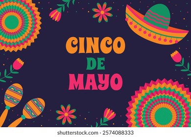 Cinco de Mayo vector banner and poster design. Fiesta with paper fans, flowers, sambrero maracas.