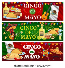 Cinco de Mayo vector banners. Mariachi jalapeno chili pepper in sombrero playing guitar. Mexican food tortilla, guacamole and nachos with corn or maize, burrito, tequila with lime, pinata, Cinco fest