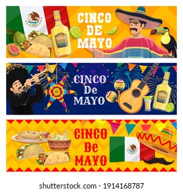 Pancartas de vector Cinco de Mayo. Músico de Mariachi con sombrero tocando trompeta. Tortilla mexicana de comida, guacamole y nachos, burrito y tequila con cal. Pinata festiva, ave y bandera toscanas