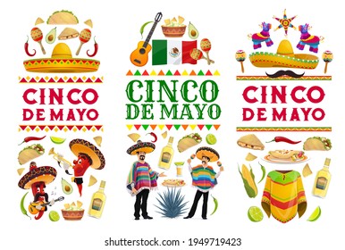 Cinco de Mayo vector banners with Mexican holiday food, fiesta party chilli pepper and mariachi characters. Mexico flag, sombrero hats, maracas and guitars, tacos, pinatas, burritos and nachos