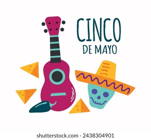 Cinco de Mayo vector card with nachos, jalapeno, guitar, skull in sombrero