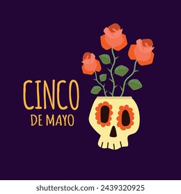 Cinco de Mayo vector card illustration with skull and roses