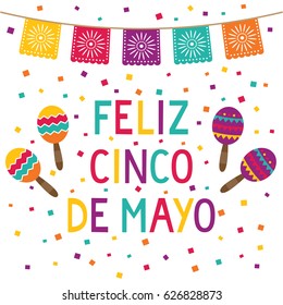 Cinco de Mayo vector card with maracas and paper flags