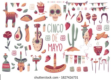 Cinco de mayo vector cartoon holiday decorations elements set isolated on a white background.