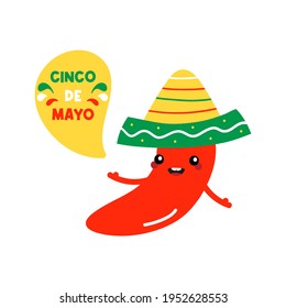 Cinco de Mayo vector cartoon style greeting card with cute smiling red chili pepper in sombrero character with speech bubble.
