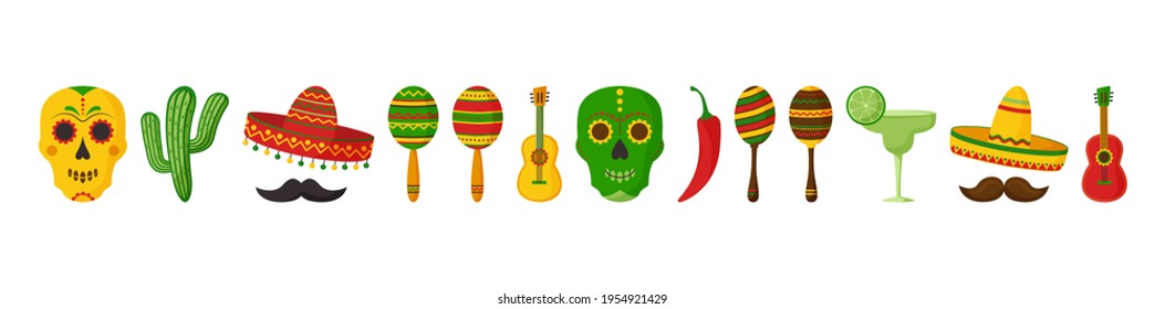 Cinco de Mayo vector celebration, mexican icon set. Guitars, maracas, pepper, mustache, skulls, sombrero, cactus and decoration. Cartoon illustration