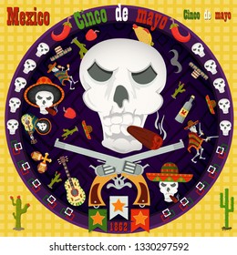 Cinco de mayo, vector circular ornament layout for design postcard, backgrounds, stickers, for registration of the Mexican celebration in the style of flat culture and traditions of the population