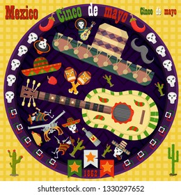 Cinco de mayo, vector circular ornament layout for design postcard, backgrounds, stickers, for registration of the Mexican celebration in the style of flat culture and traditions of the population