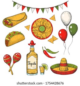 Cinco de Mayo vector colored Set. Hand drawn symbols - chili pepper, maracas, sombrero, nachos, tacos, burritos, tequila, balloons, flag garland isolated on white. Sketch. Mexican food and objects
