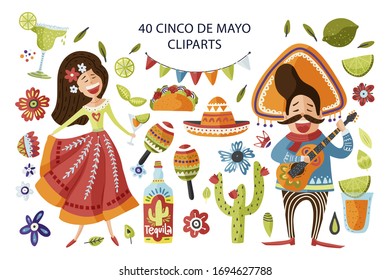 Cinco de Mayo vector colorful clipart set. Holiday Mexican icon collection with cartoon happy man with guitar and beautiful senorita girl, sombrero, taco, maracas festival symbols