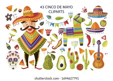 Cinco de Mayo vector colorful clipart set. Holiday Mexican icon collection with cartoon happy man with maracas, sombrero, cactus, pinata, scull and other traditional festival symbols.