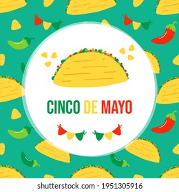 Cinco de Mayo vector colorful greeting card with mexican food taco, chili pepper and nacho chips. Mexican traditional holiday. May 5.