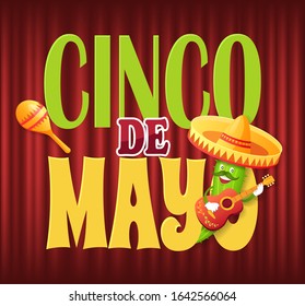 Cinco de Mayo vector, cucumber wearing traditional sombrero hat, guitarist character and maracas. Celebration of mexican holiday greeting flat style