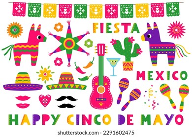 Fijación de elementos de diseño de vector Cinco de Mayo (sombreros, pinatas, maracas, guitarra, pancarta y decoración)