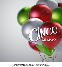 Cinco de Mayo. Vector festive illustration of lettered label and balloons of mexican flag colors. 5 of May holiday vector. Mexican holiday lettering.