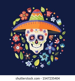 Cinco de mayo vector flat cartoon card. El Dia de Muertos Sugar Skull in sombrero hat festive floral illustration.