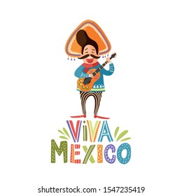 Cinco de mayo vector flat cartoon card. Mexican hapy man illustration with cactus, sombrero hat and lettering text quote - Viva Mexico.