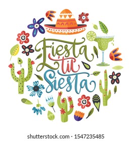 Cinco de mayo vector flat round cartoon card. Ornate festive Mexican floral illustration with sombrero hat and lettering text quote - Fiesta til Siesta.