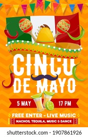 Cinco de Mayo vector flyer. Mexican sombrero with mustaches, national flag, tequila shots with lime and jalapenos red and green peppers with garlands. Fiesta party event invitation card, free enter