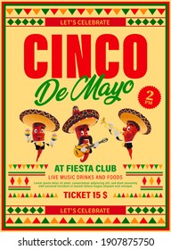 Cinco de Mayo vector flyer, Mexican jalapenos mariachi band red hot chili peppers wear sombrero playing on trumpet, maracas and guitar. Cartoon invitation for celebration Cinco de Mayo fiesta holidays