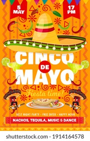 Cinco de Mayo vector flyer with national mexican symbols sombrero hat and tequila in glass shot with lime, red chili japapeno peppers mariachis playing guitar. Cartoon Cinco de Mayo fiesta invitation