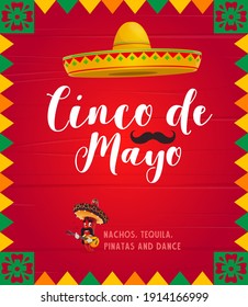 Cinco de Mayo Vektorflieger, mexikanische Jalapenos mariachi rote scharfe Chilischoten tragen sombrero spielen Gitarre. Cartoon Einladung zur Feier Cinco de Mayo Feiertage mit Buchstaben und Schnurrbart