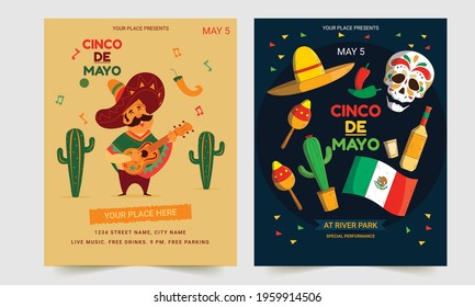 Cinco de Mayo vector flyer with national Mexican symbols sombrero hat. Cartoon Cinco de Mayo fiesta invitation card template.