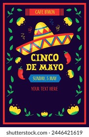 Volante del Vector del Cinco de Mayo con sombrero mexicano y chiles japoneses. Fiesta del Cinco de Mayo