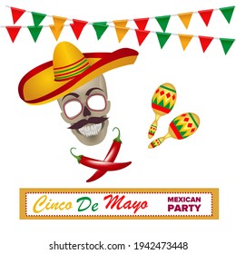 Cinco de mayo vector greeting card with skull, traditional Mexican hat, chilis and maracas.  May 5th, Mexican holiday, vector
