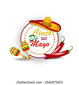Cinco de mayo vector greeting card with traditional Mexican hat and peppers and maracas. May 5th, Mexican holiday, vector