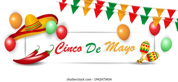 Cinco de mayo vector greeting card with traditional Mexican hat and chili peppers and maracas.  May 5th, Mexican holiday, vector
