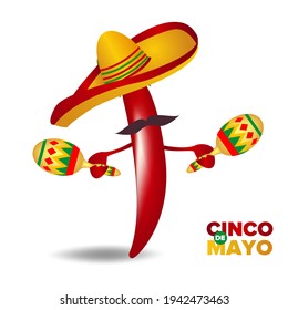 Cinco de mayo vector greeting card with pepper wearing a Mexican hat playing maracas.  May 5th, Mexican holiday, vector
