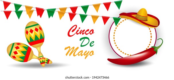 Cinco de mayo vector greeting card with traditional Mexican hat and chili peppers and maracas.  May 5th, Mexican holiday, vector