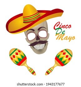 Cinco de mayo vector greeting card with skull, traditional mexican hat and prosperity elements. 5 may mexican holiday, vector