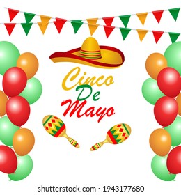 Cinco de mayo vector greeting card with skull, traditional mexican hat and prosperity elements. 5 may mexican holiday, vector