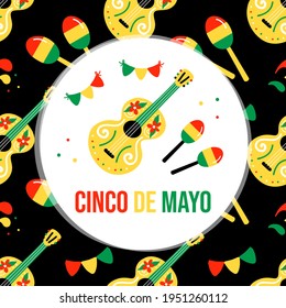 Cinco de Mayo vector greeting card with mexican musical instruments maracas, guitars and garlands and colorful pattern background.
