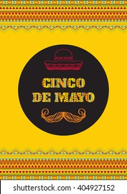 Cinco de mayo. Vector greeting card, banner or poster with mexican geometric ornamental text and sombrero