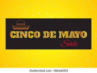 Cinco de mayo. Vector horisontal greeting card, sale banner or poster with mexican geometric ornamental text and sombrero