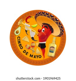 Cinco de Mayo vector icon. Mariachi jalapenos in mexican sombrero playing trumpet, maracas, tequila with lime and avocado. Red chili pepper play music for Cinco de Mayo celebration cartoon round label