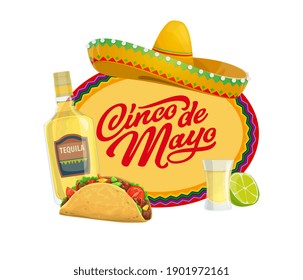 Cinco de Mayo vector icon with traditional mexican symbols sombrero hat, tequila with lime and glass shot and tacos. Typography and zigzag ornament. Cartoon Cinco de Mayo isolated oval label or badge