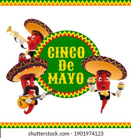 Cinco de Mayo vector icon, jalapenos musicians in mexican sombrero playing guitar, trumpet and maracas. Cartoon Mariachi characters play music, party celebration isolated label with red chili peppers