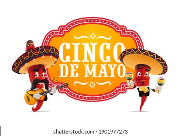 Cinco de Mayo vector icon. Mariachi jalapenos musicians in mexican sombrero playing guitar and maracas. Cartoon characters play music. Cinco de Mayo celebration isolated label with red chili peppers