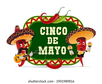 Cinco de Mayo vector icon. Mariachi jalapenos in mexican sombrero playing guitar and maracas. Cartoon characters play music. Cinco de Mayo celebration isolated label with red and green chili peppers