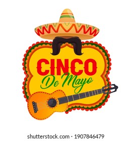 Cinco de Mayo vector icon with mexican symbols sombrero, mustaches and guitar. Cartoon Cinco de Mayo badge in traditional colors. National hat and musical instrument for fiesta party holiday of Mexico